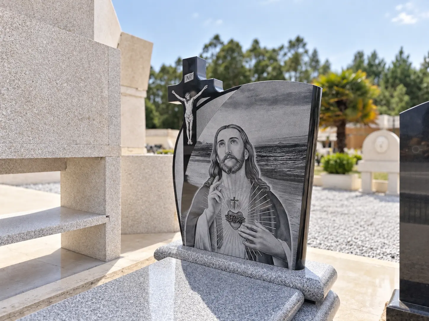Campa em granito com gravação de Cristo e cruz com crucificado aplicada.