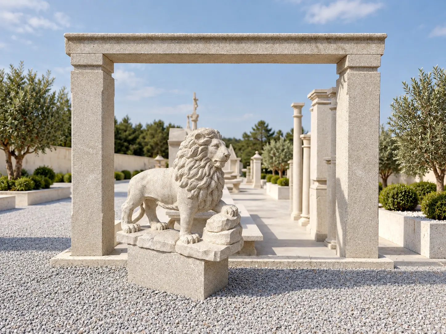 Escultura de leão em pedra clara junto a um pórtico, no jardim de exposição da Granineiva.