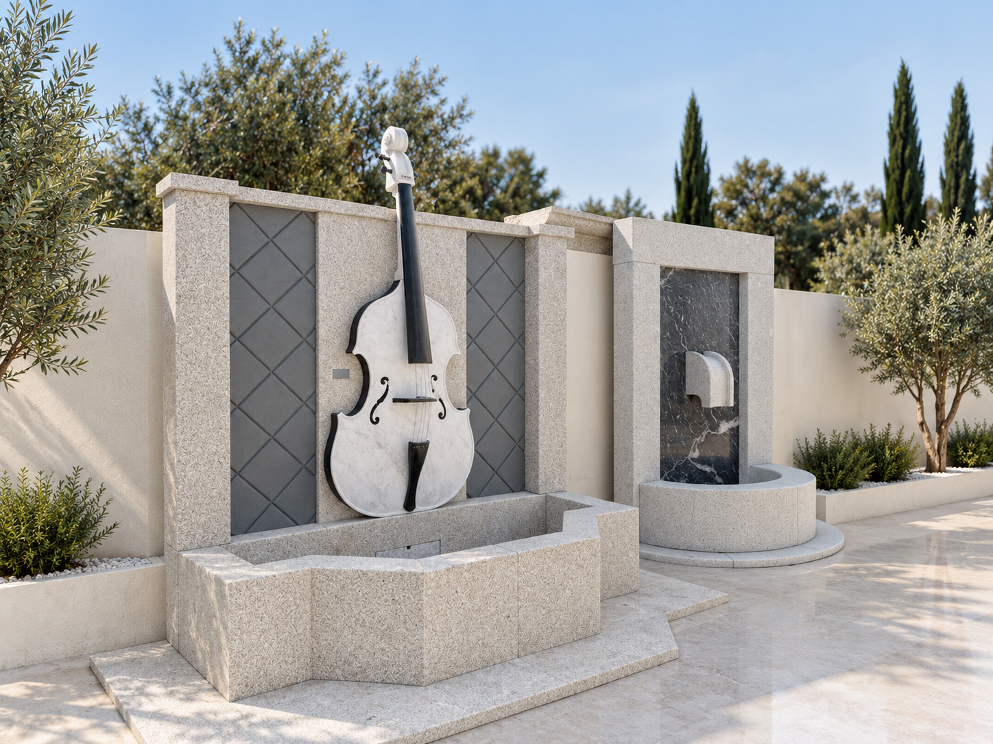Fonte monumental em pedra clara com escultura de violoncelo em mármore, junto a um nicho de água em mármore negro.