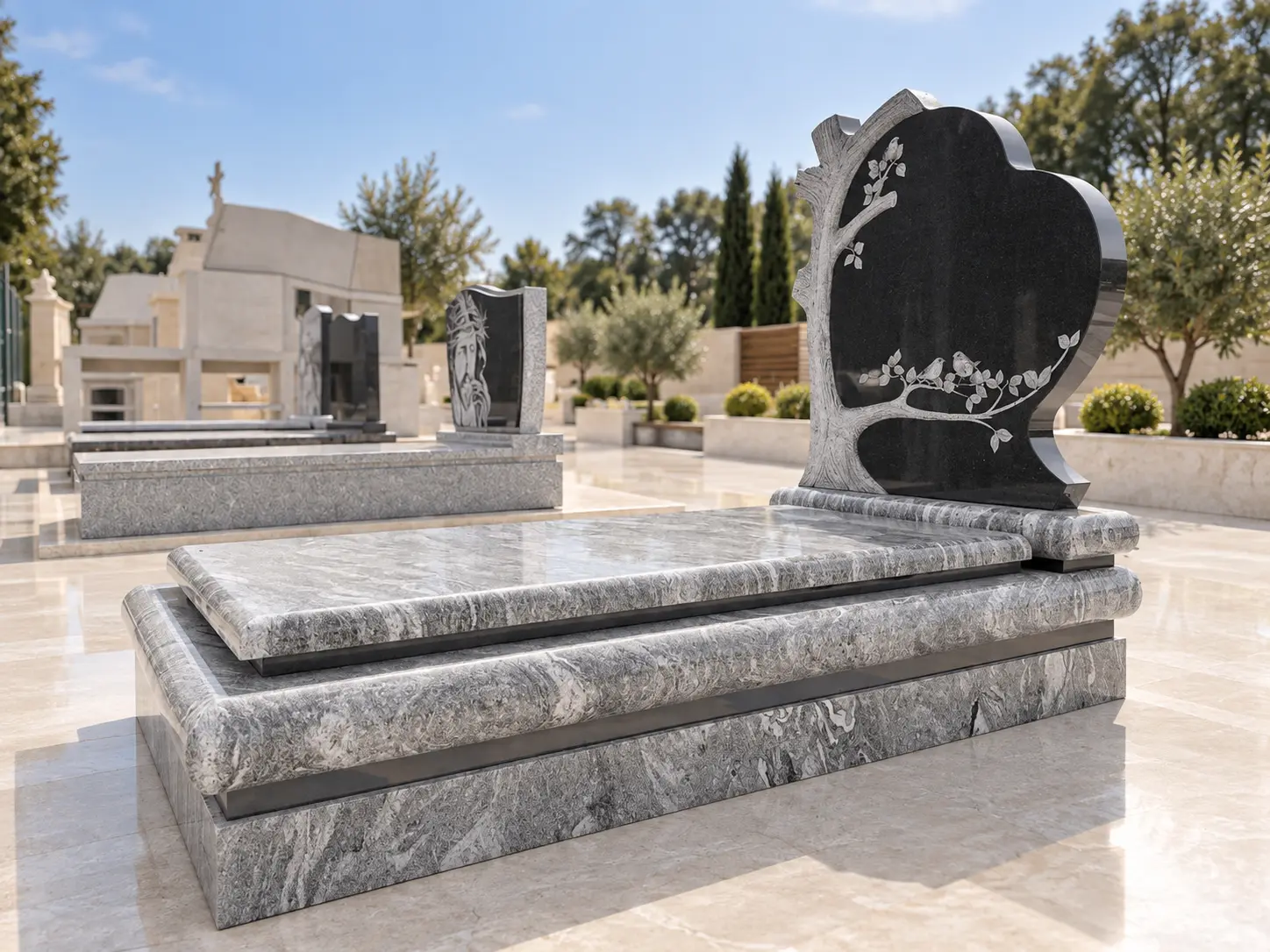 Campa em granito negro com gravação de árvore e pássaros, assente em base de mármore cinzento.